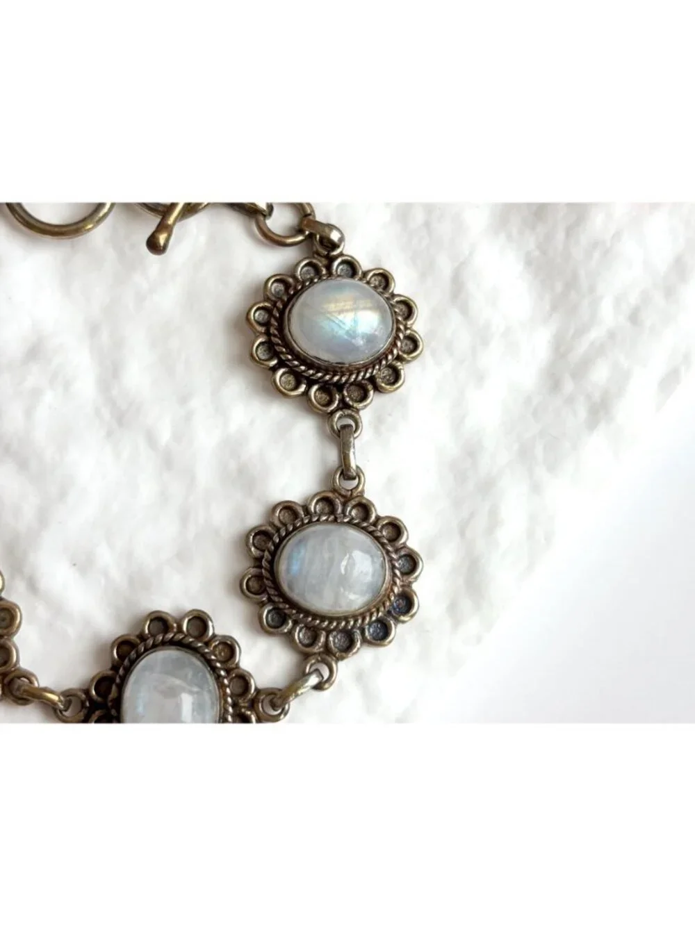 Iridescent Moonstone Vermeil Floral Sterling Silver 925 Vintage Bracelet
